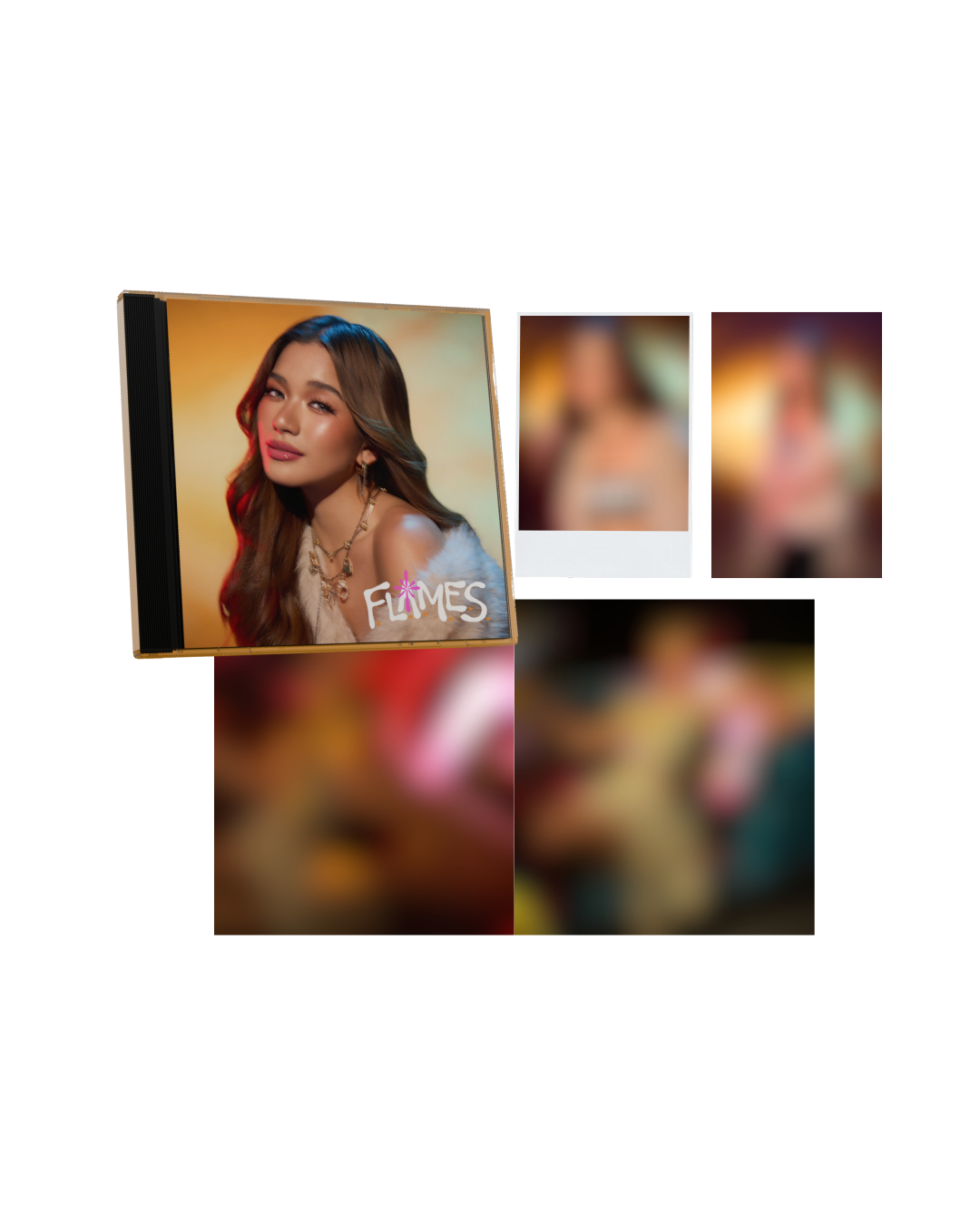 CD cover with a woman's face and 'FLAMES' text, surrounded by blurred images.