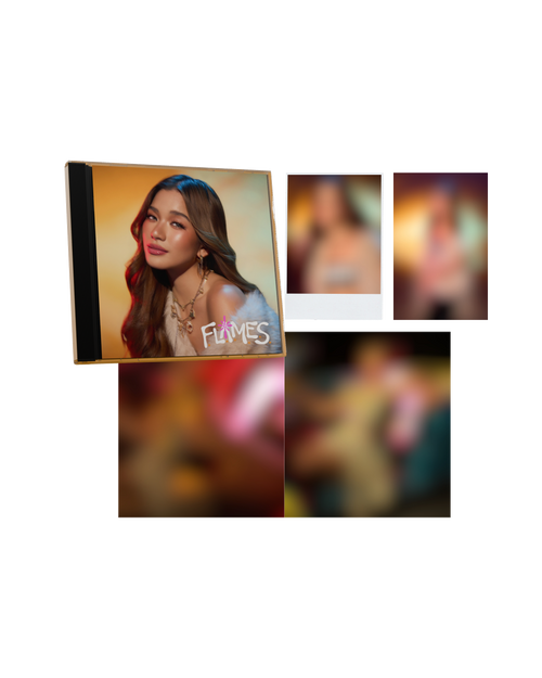 CD cover with a woman's face and 'FLAMES' text, surrounded by blurred images.
