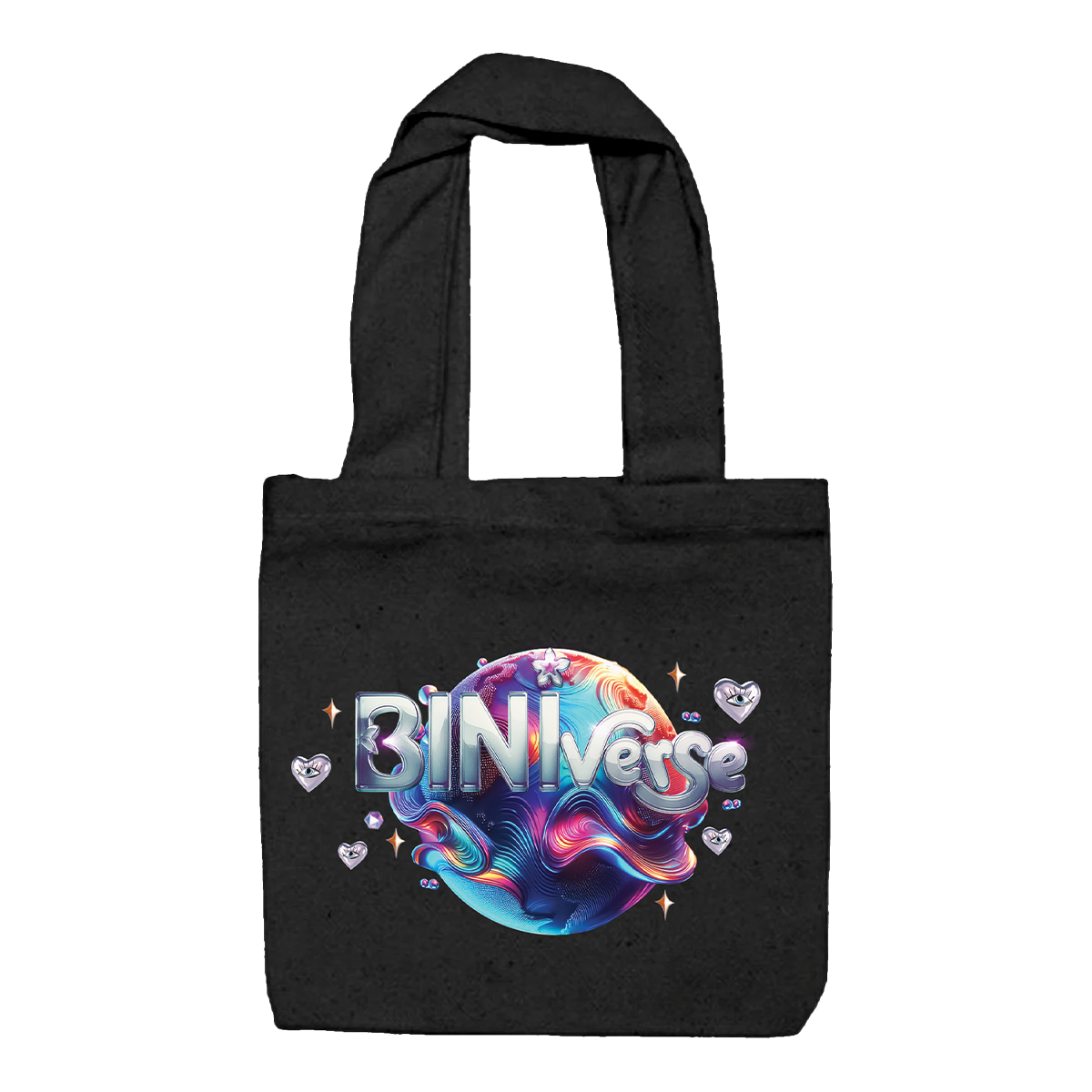 Black tote bag with colorful 'BINiverse' design on a white background
