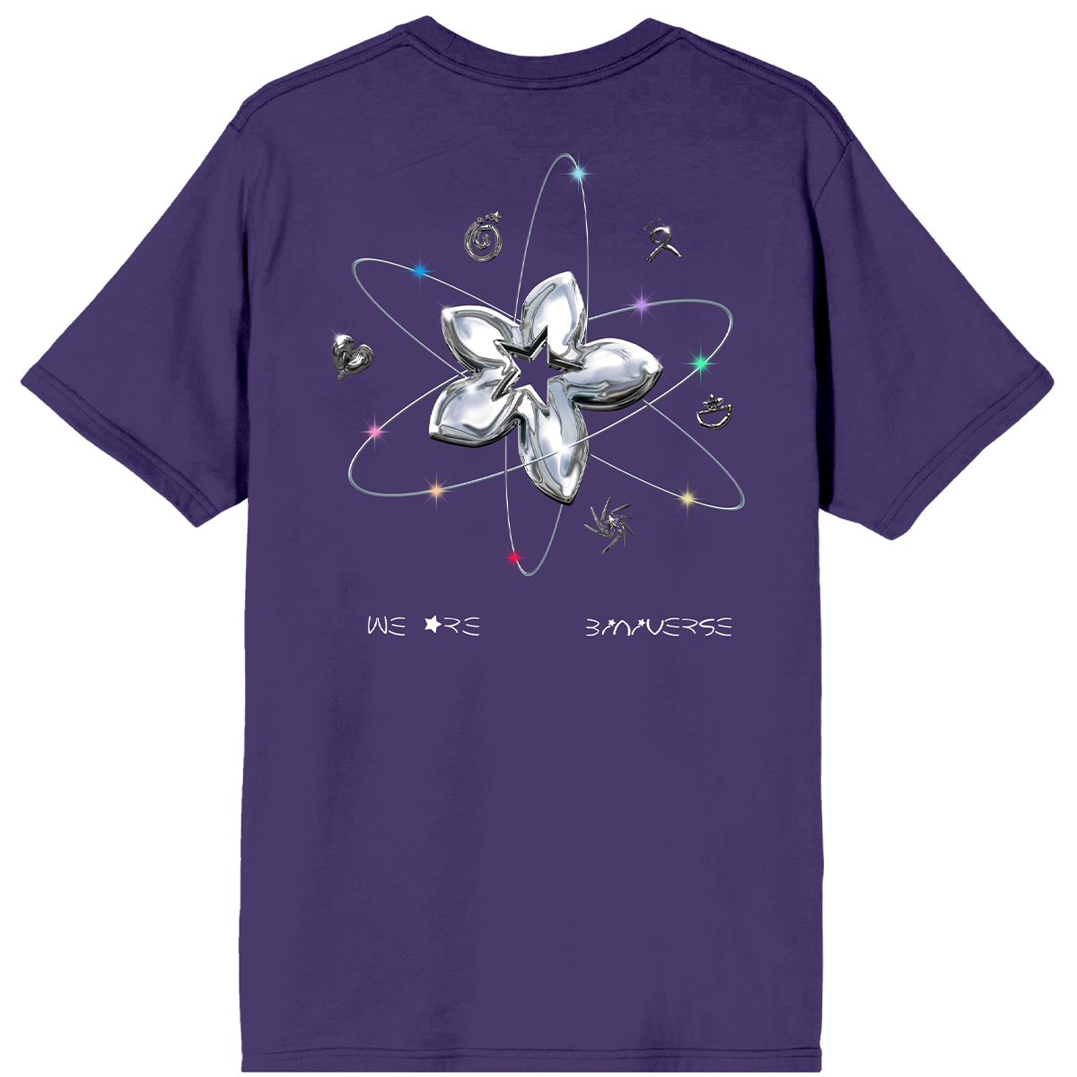 Purple t-shirt with a silver flower design and text on the back