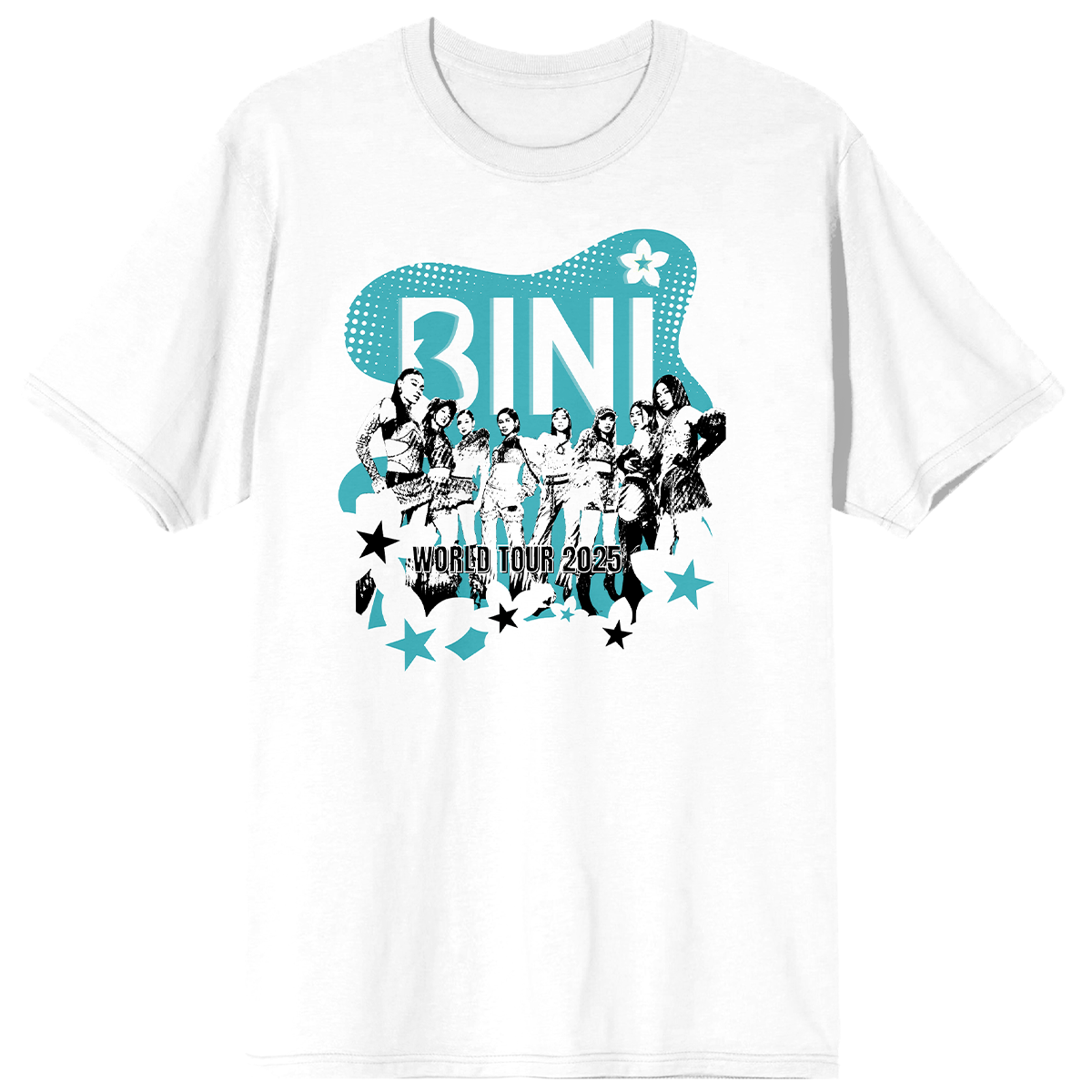 White t-shirt with a graphic design featuring people and text on a white background