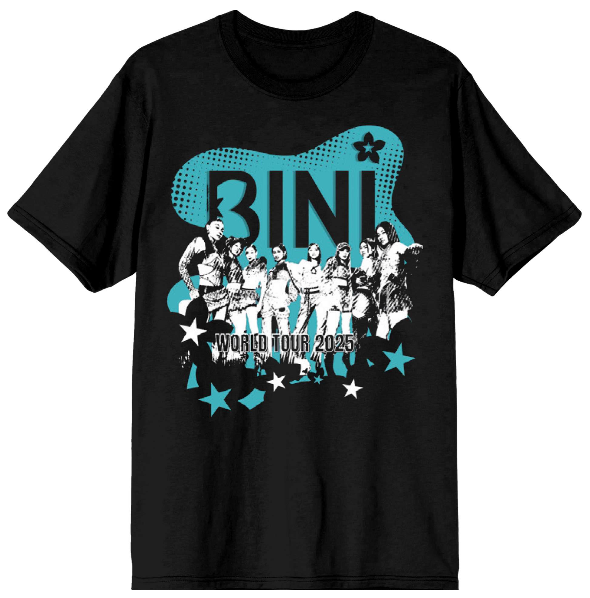 Black t-shirt with 'Bini World Tour 2025' graphic design on a white background