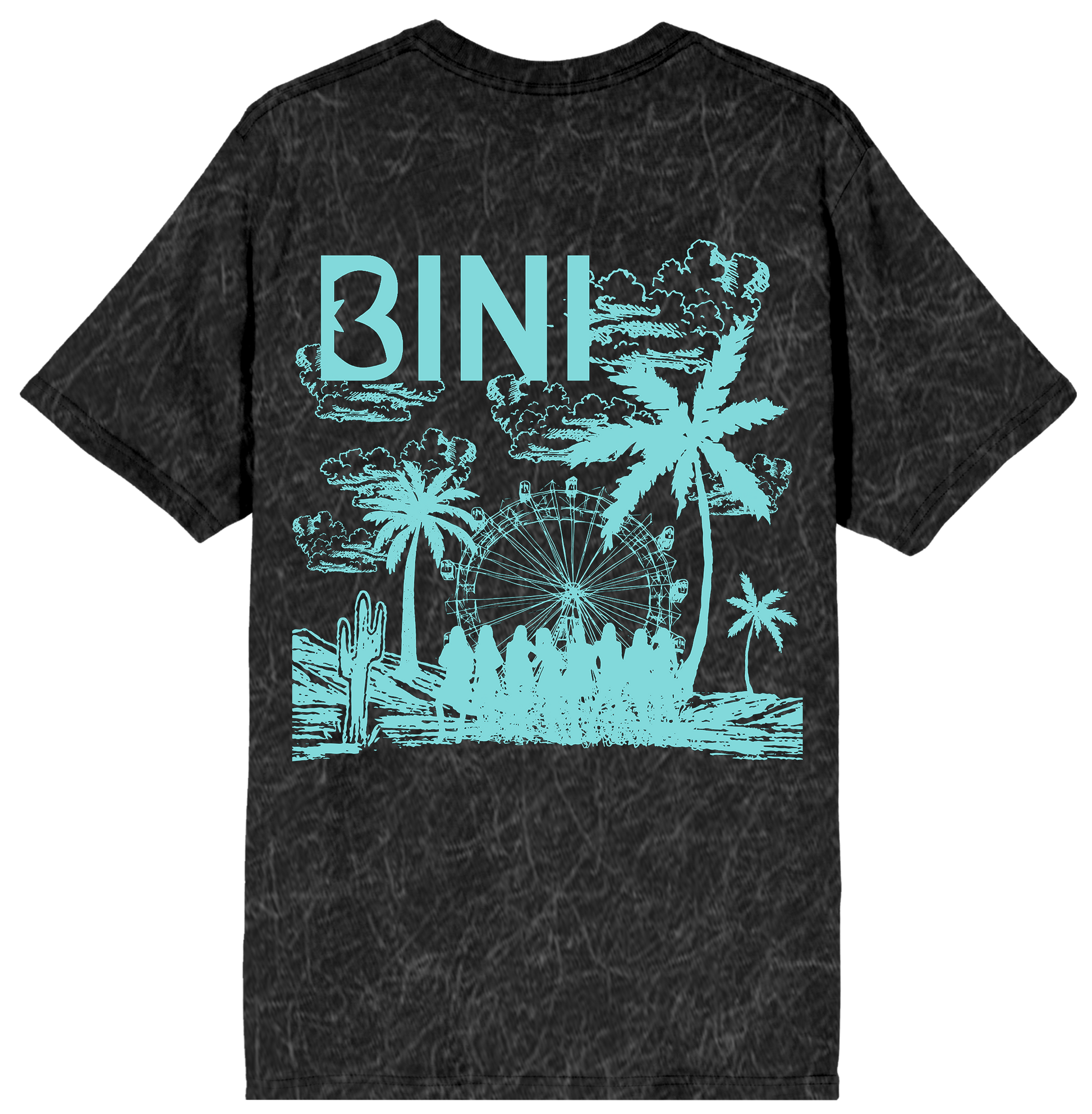 Black t-shirt with teal graphic design featuring palm trees and the word 'Bini'.