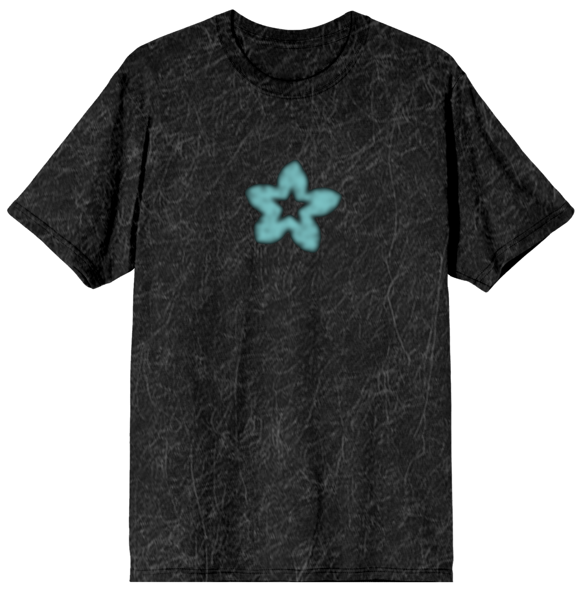 Black t-shirt with a blue star design on a white background