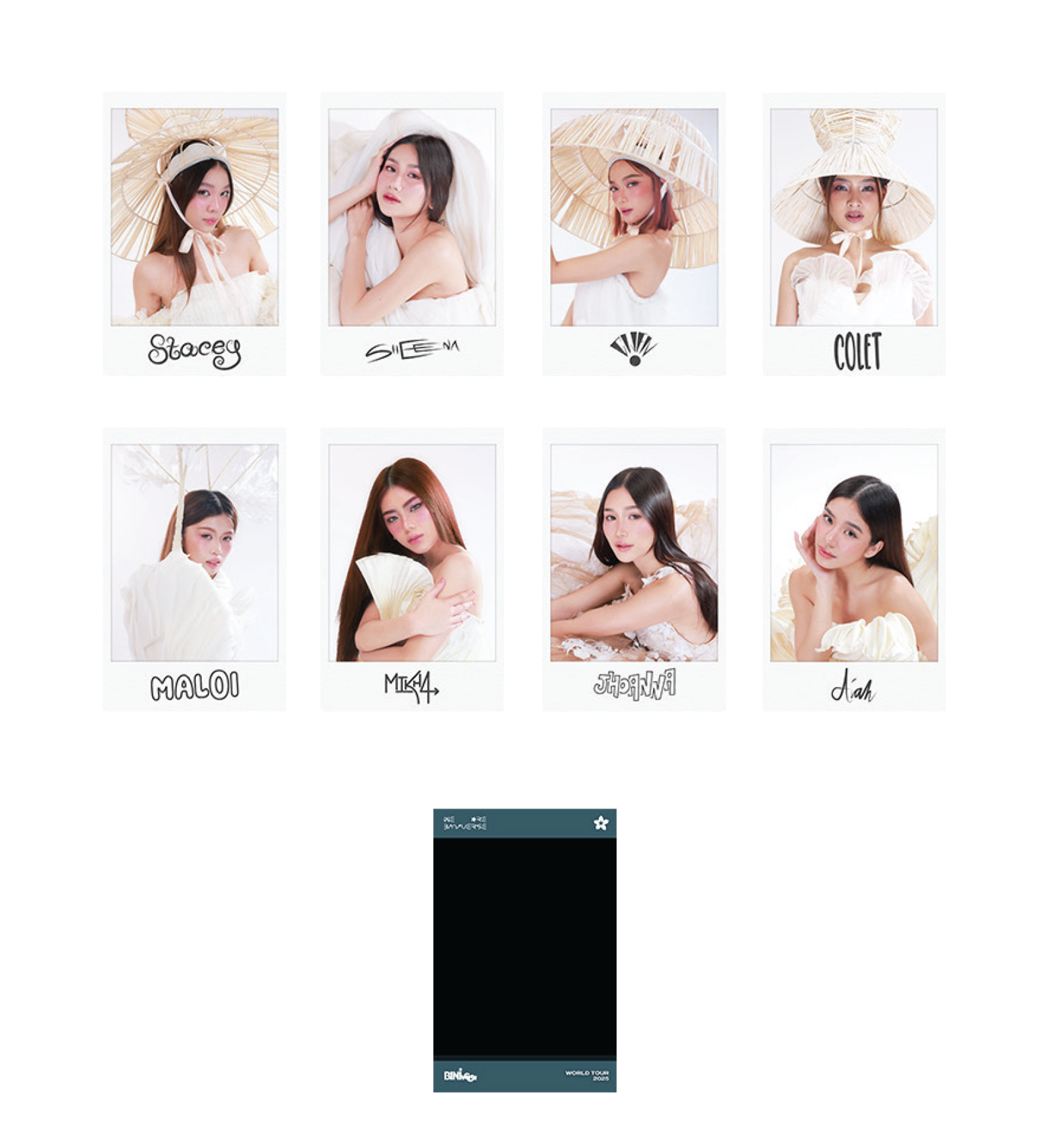 Set of 8 photo cards with a person in various poses, each card labeled with a name.