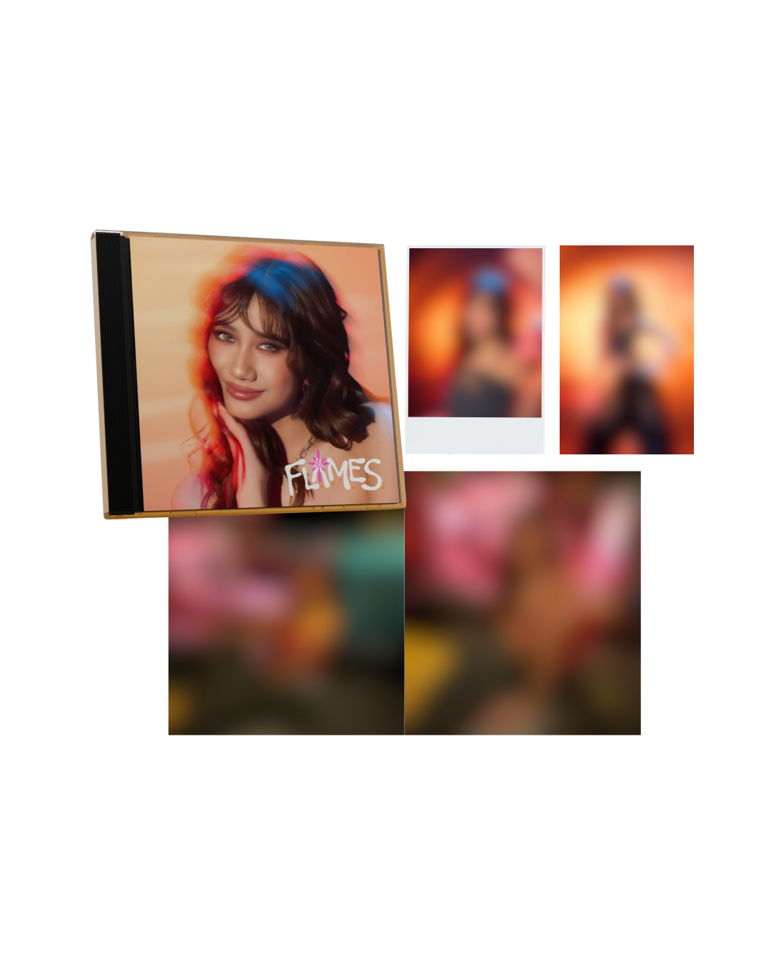 CD cover with a person's face and the word 'FLAMES' on a white background