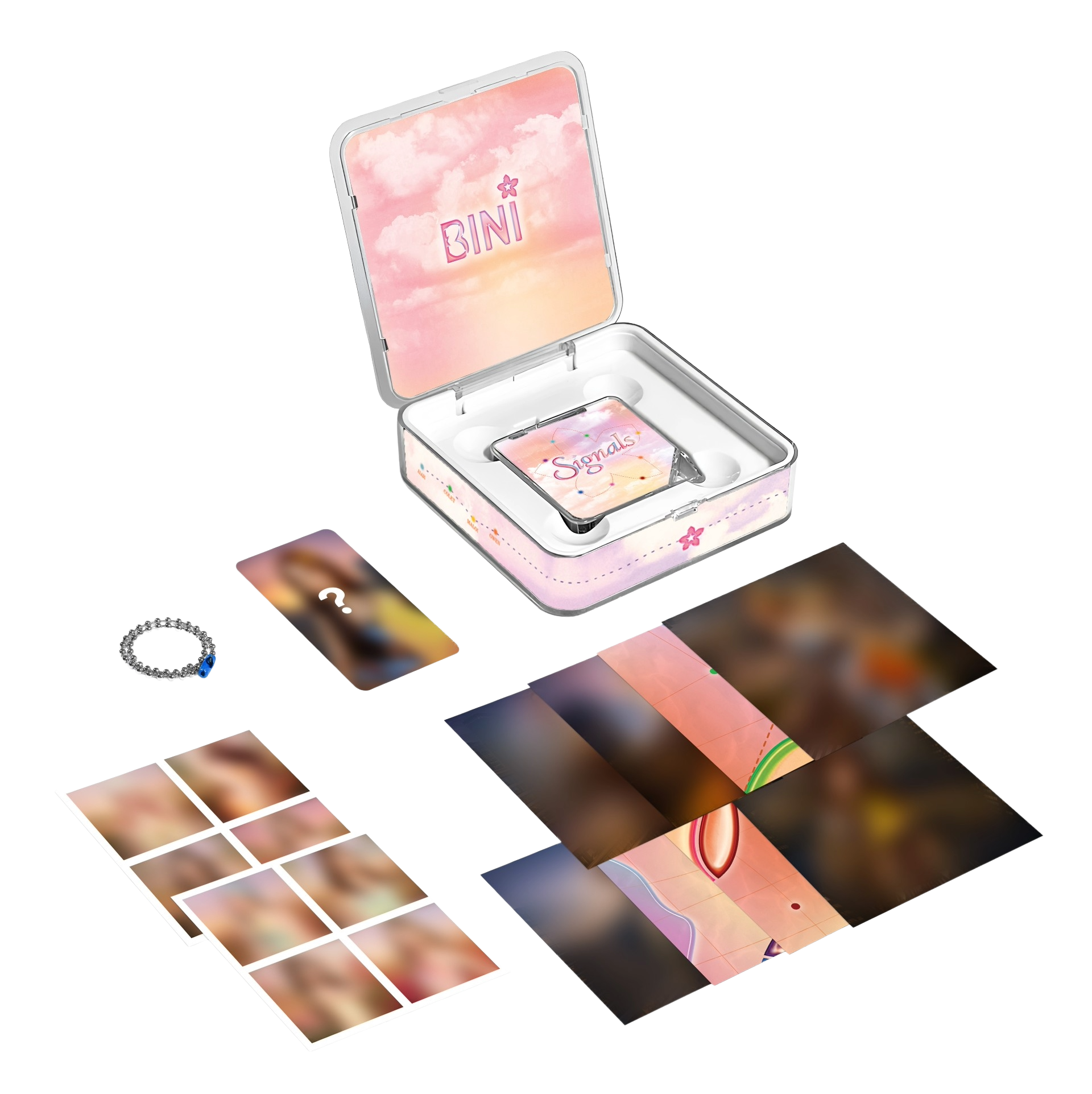 Product packaging with 'BINI' branding, including a small device and cards on a white background.