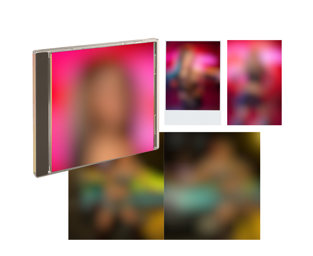 Collage of a person with blurred faces on a white background