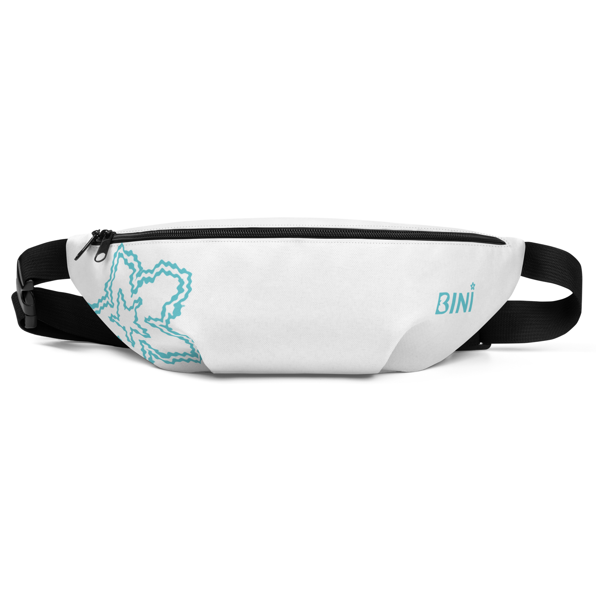 White waist bag with black strap and blue design on a white background
