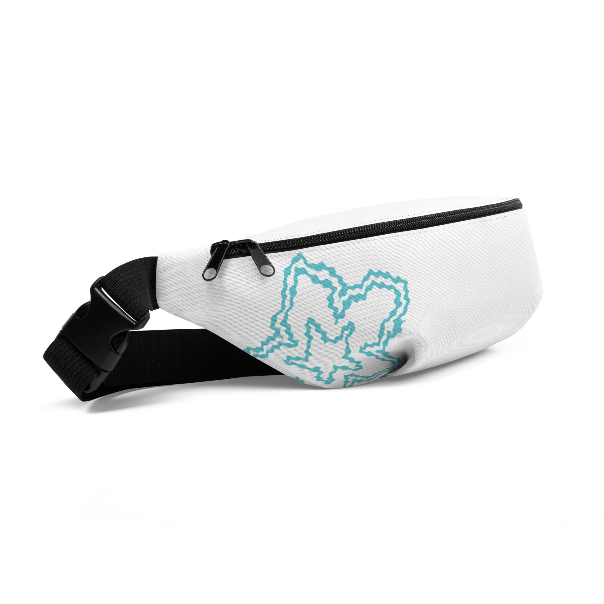 White fanny pack with black strap and blue graphic on a white background
