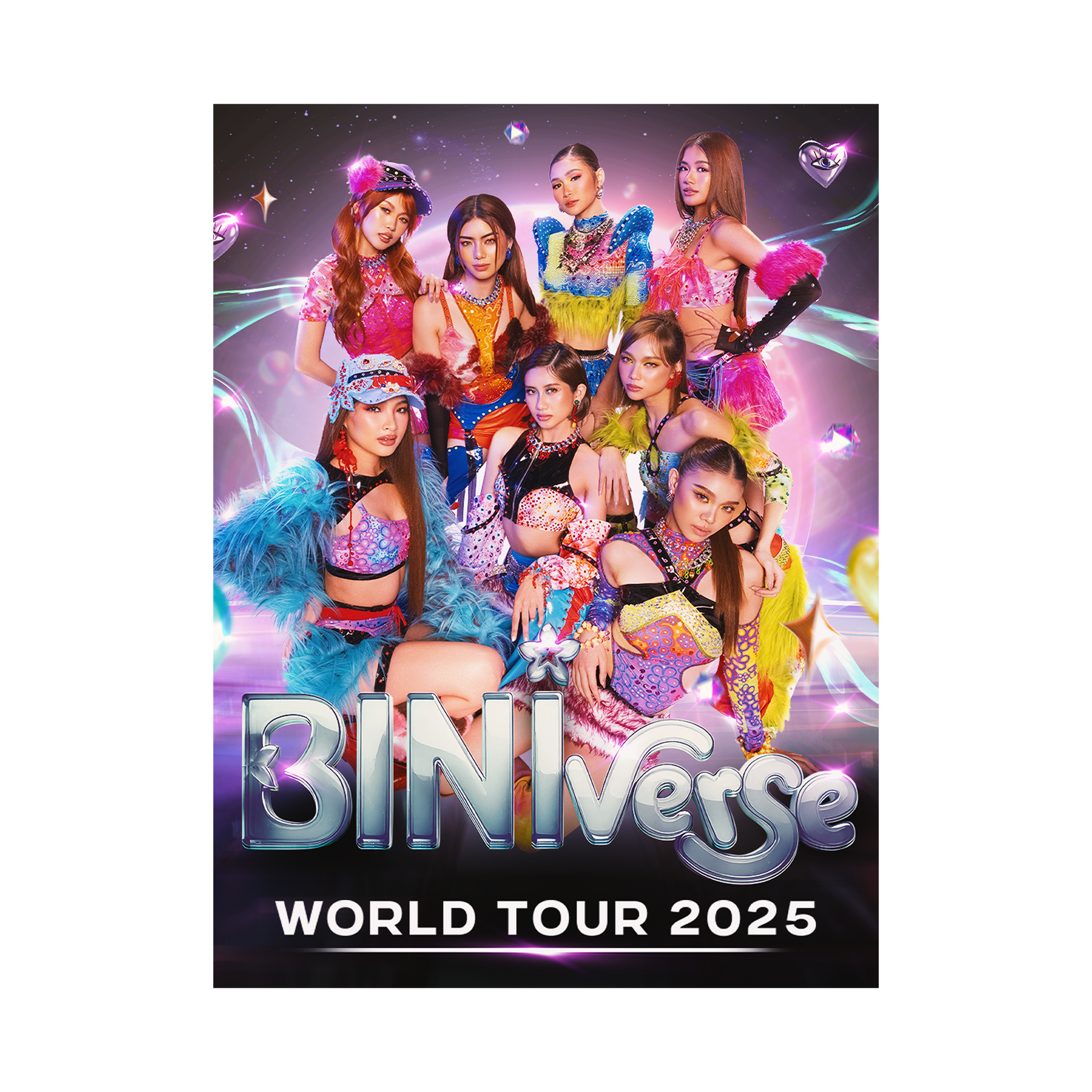 Promotional poster for 'BINiverse World Tour 2025' featuring performers in colorful outfits against a starry background.