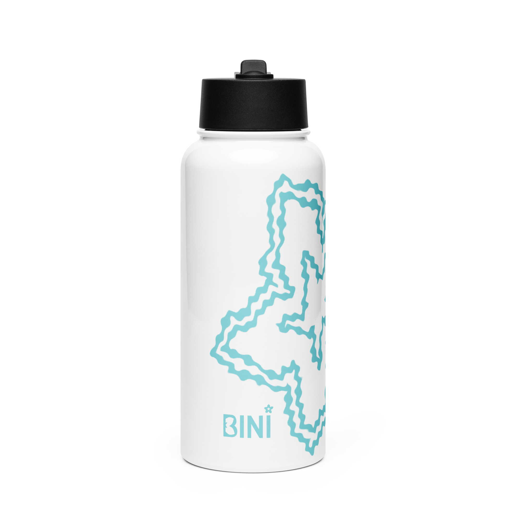 White water bottle with black lid and blue design on a white background