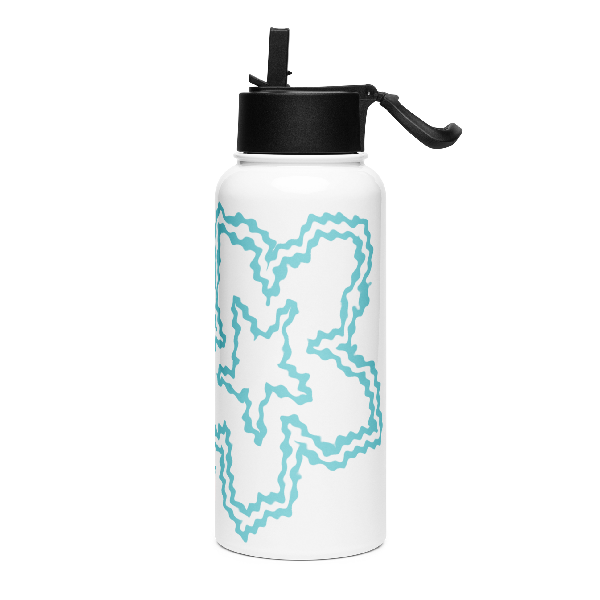 White water bottle with black lid and blue abstract design on a white background