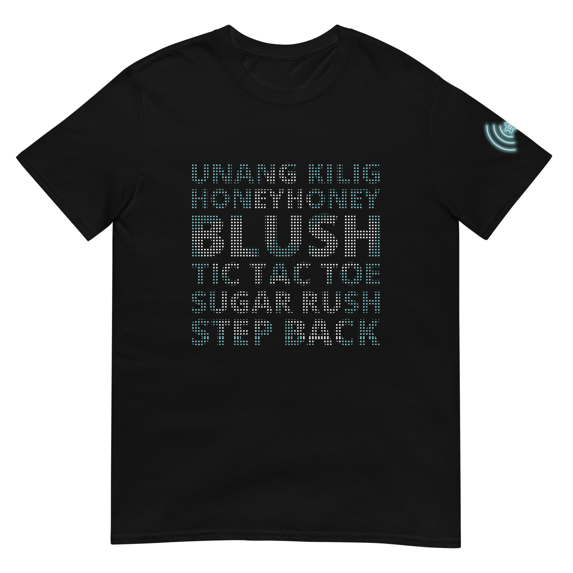 Black t-shirt with colorful text design on a white background