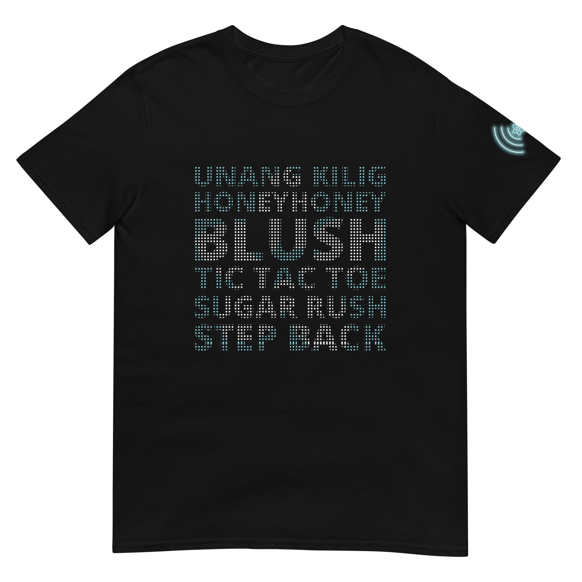 Black t-shirt with colorful text design on a white background