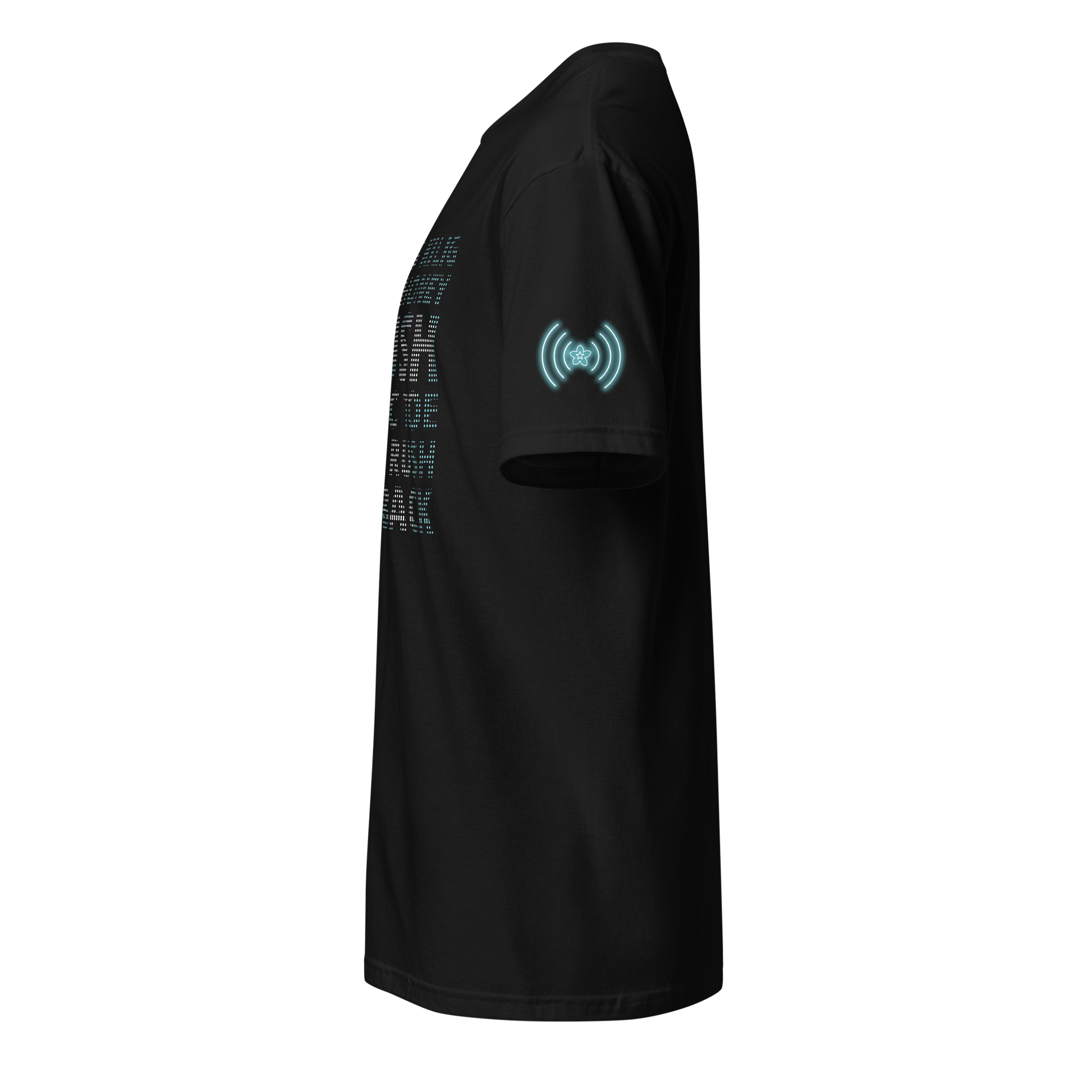 Black t-shirt with a logo and text on the sleeve against a white background