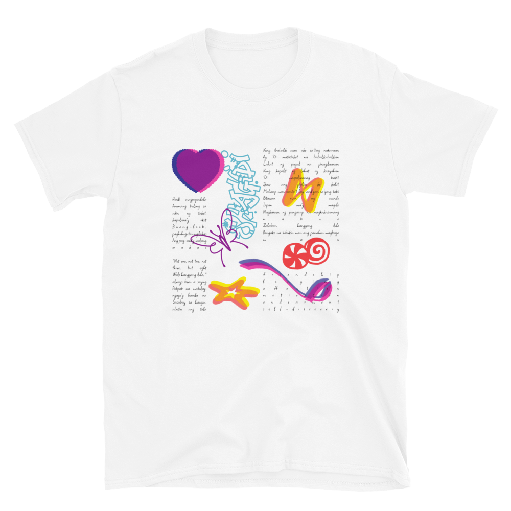 White t-shirt with colorful graphics and text on a white background